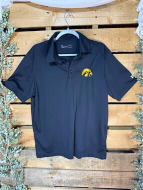 Under Armour Men's Black Polo Shirt with Iowa Hawkeyes Logo